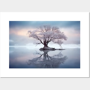 Tree In Calm Lake Serene Landscape Posters and Art